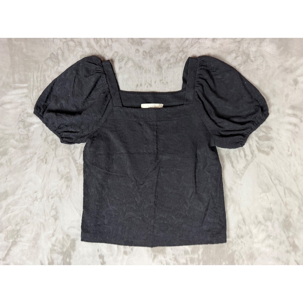 LOFT Black Jacquard Floral Puff Sleeve Square Neck Blouse Top Small